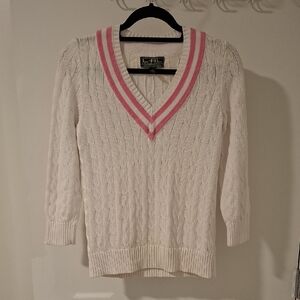 L-RL Lauren Active - Ralph Lauren White & Pink Cable-knit V-neck Sweater (US S)